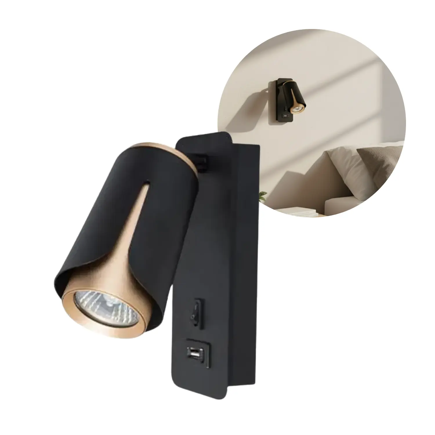 Sengelampe til Væg med USB Stik - USB Type A+C - GU10 - Sort og Messing